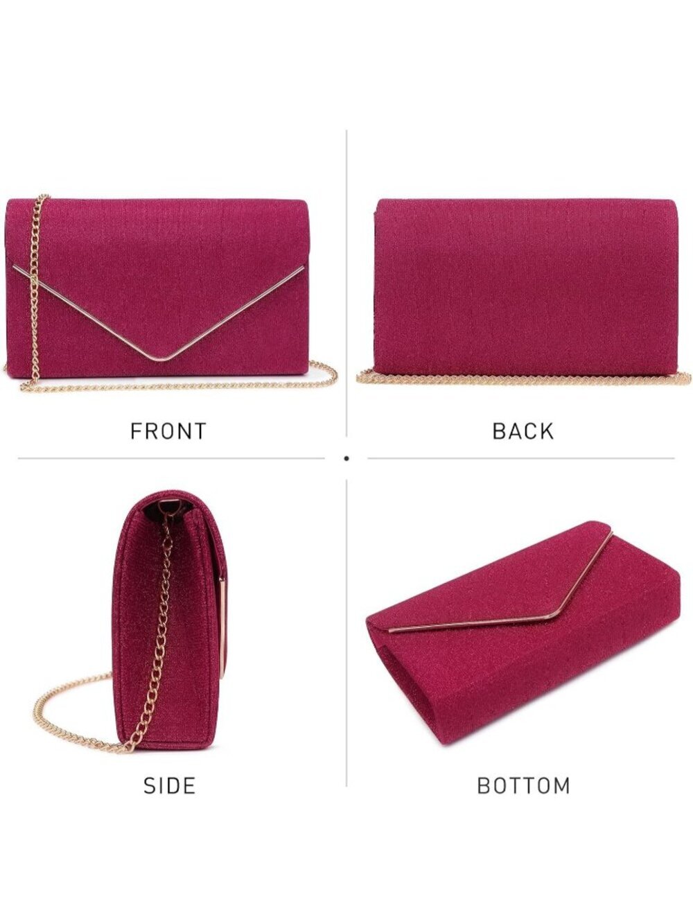 Women's Fuchsia Glitter Clutch With Chain Strap For Wedding Prom Evening Bag - Picture 2 of 6